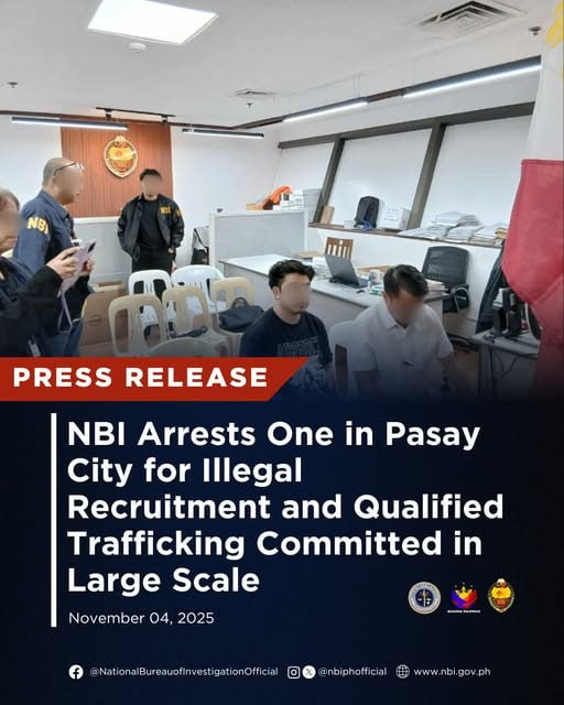 国家调查局（NBI）在帕赛市逮捕一名涉“大规模非法招募”及“大规模加重人口贩运”的嫌疑人  菲律宾国家调
